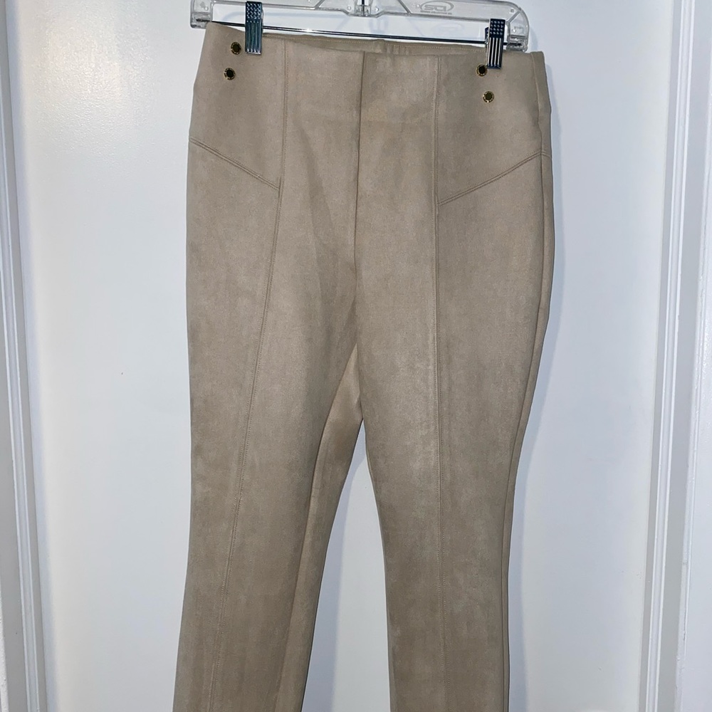 Suede dress pants with gold buttons.